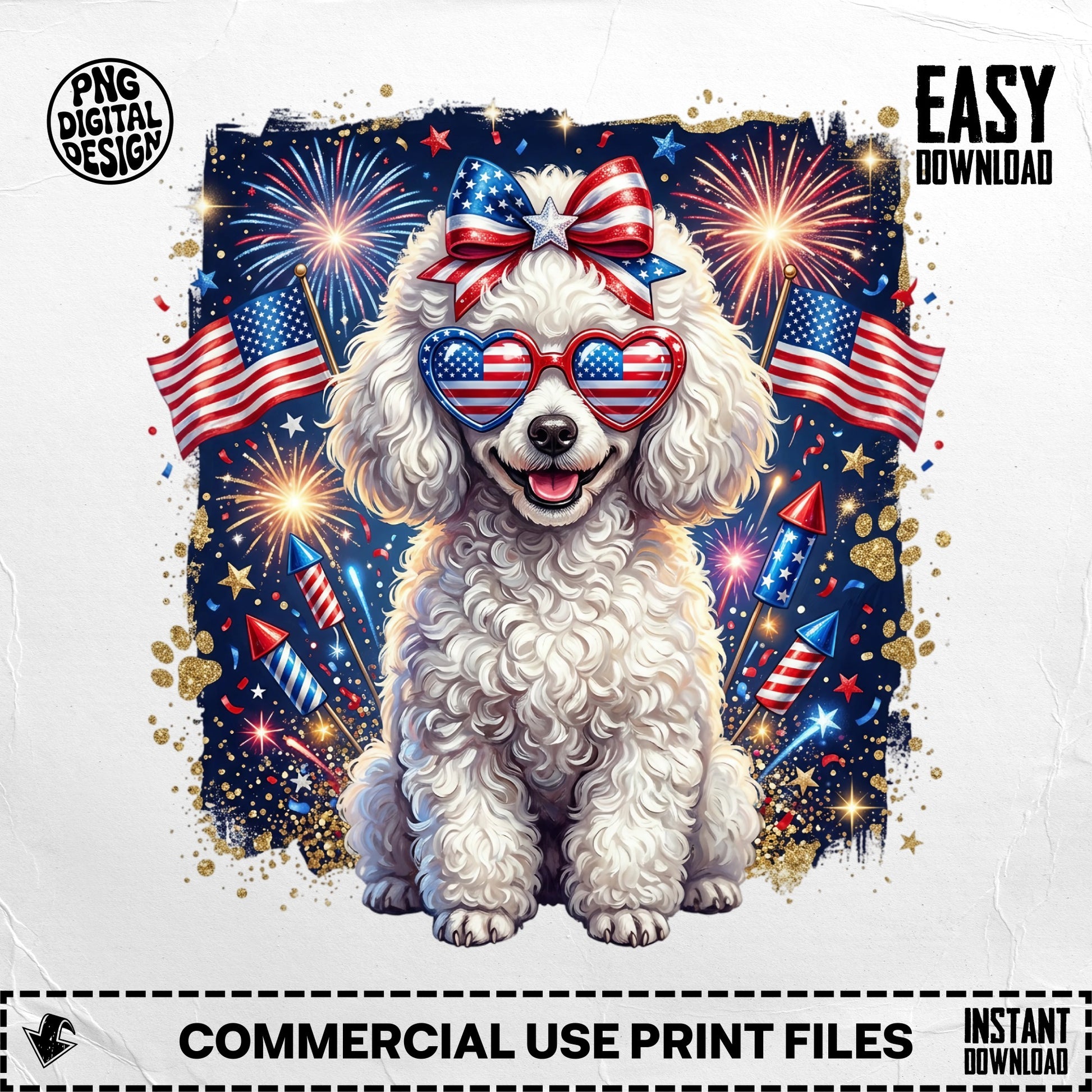 Poodle wearing heart sunglasses and a bow with fireworks and flags.