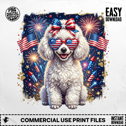 Poodle wearing heart sunglasses and a bow with fireworks and flags.