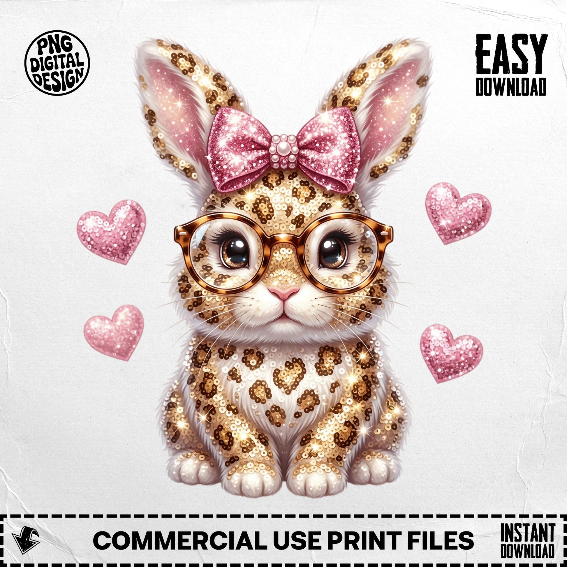Sparkling sequined bunny with glasses and pink hearts, "EASY DOWNLOAD" text.