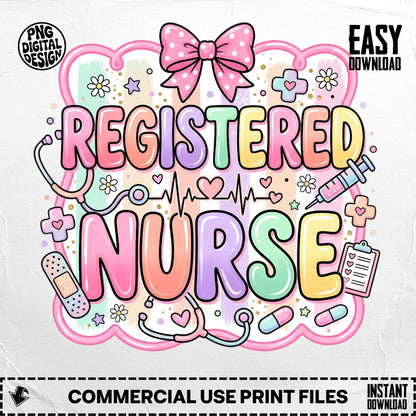 "Registered Nurse" text with medical icons and a pink bow.
