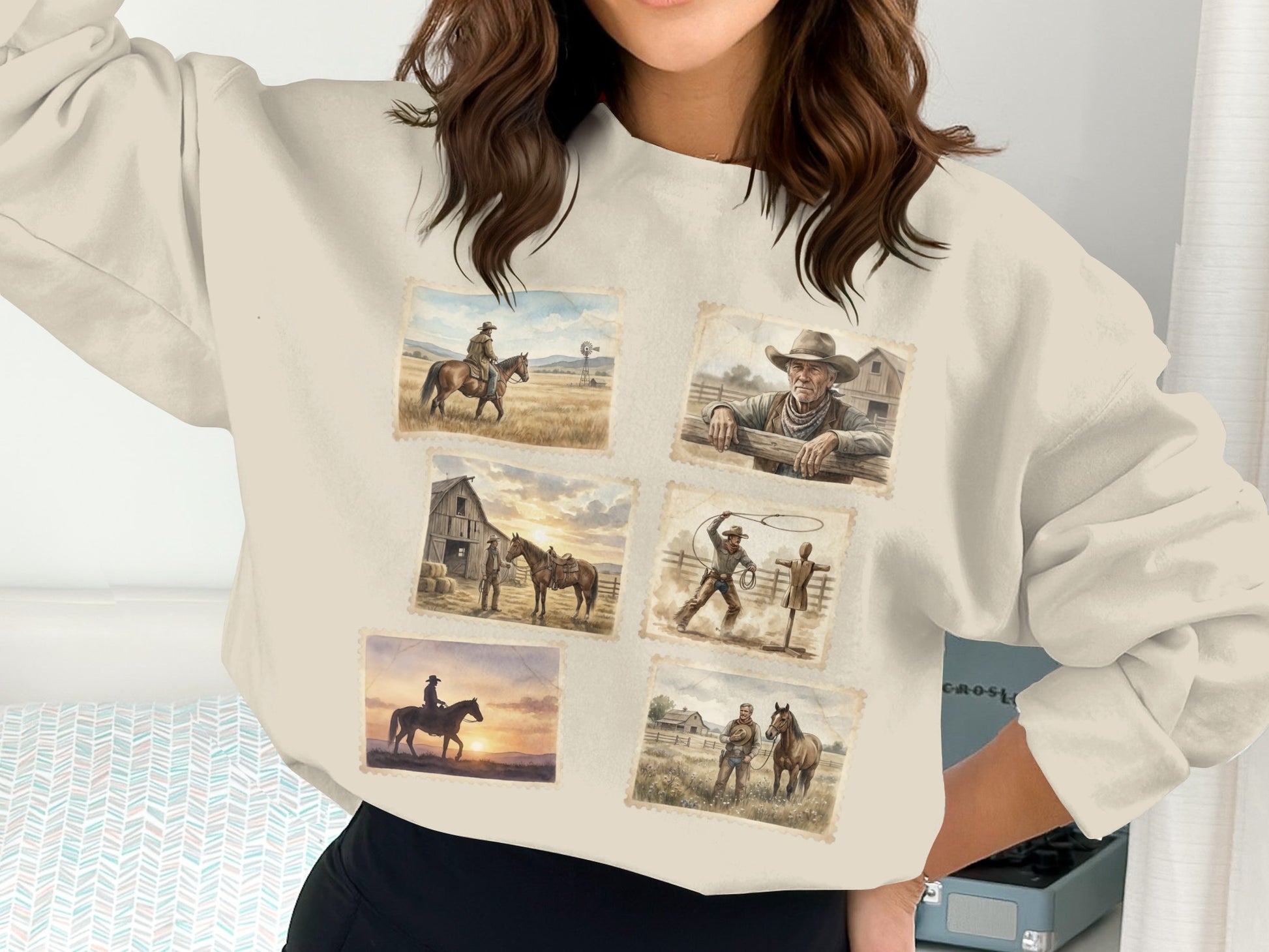 Cowboy themed collage of vintage-style illustrations on a crewneck sweatshirt.