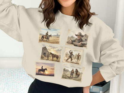 Cowboy themed collage of vintage-style illustrations on a crewneck sweatshirt.