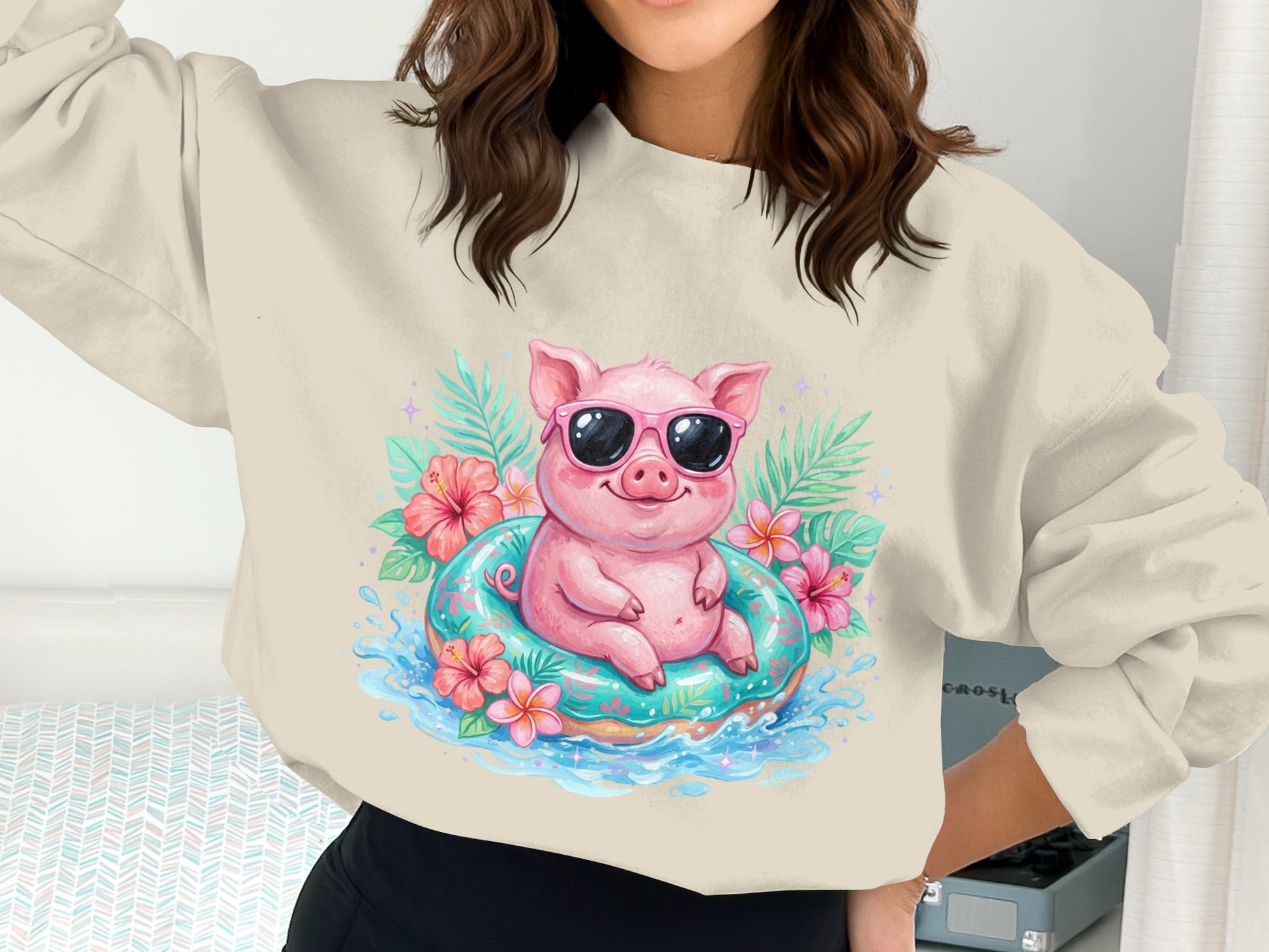 Illustration of a happy pig wearing sunglasses in a pool float.