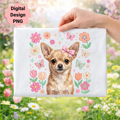 Chihuahua in floral frame with butterflies, digital design PNG.