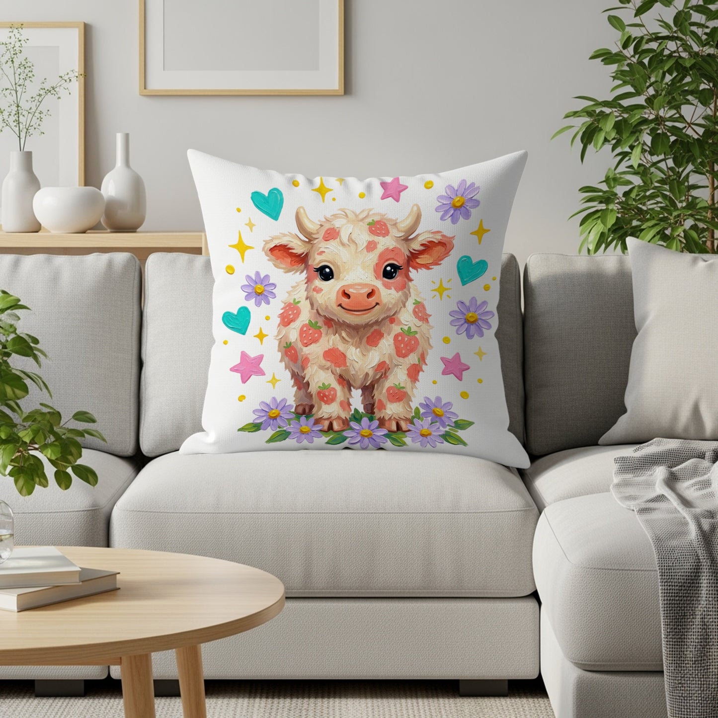 Cute strawberry cow with hearts and flowers on a pillow.