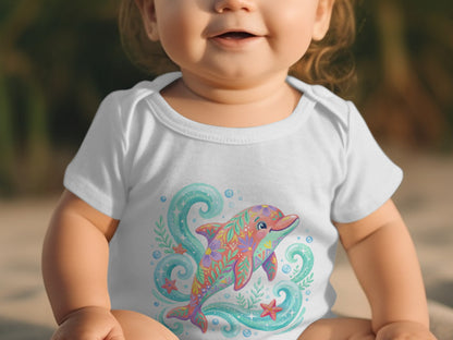 Baby wearing white bodysuit with a colorful dolphin and wave graphic.