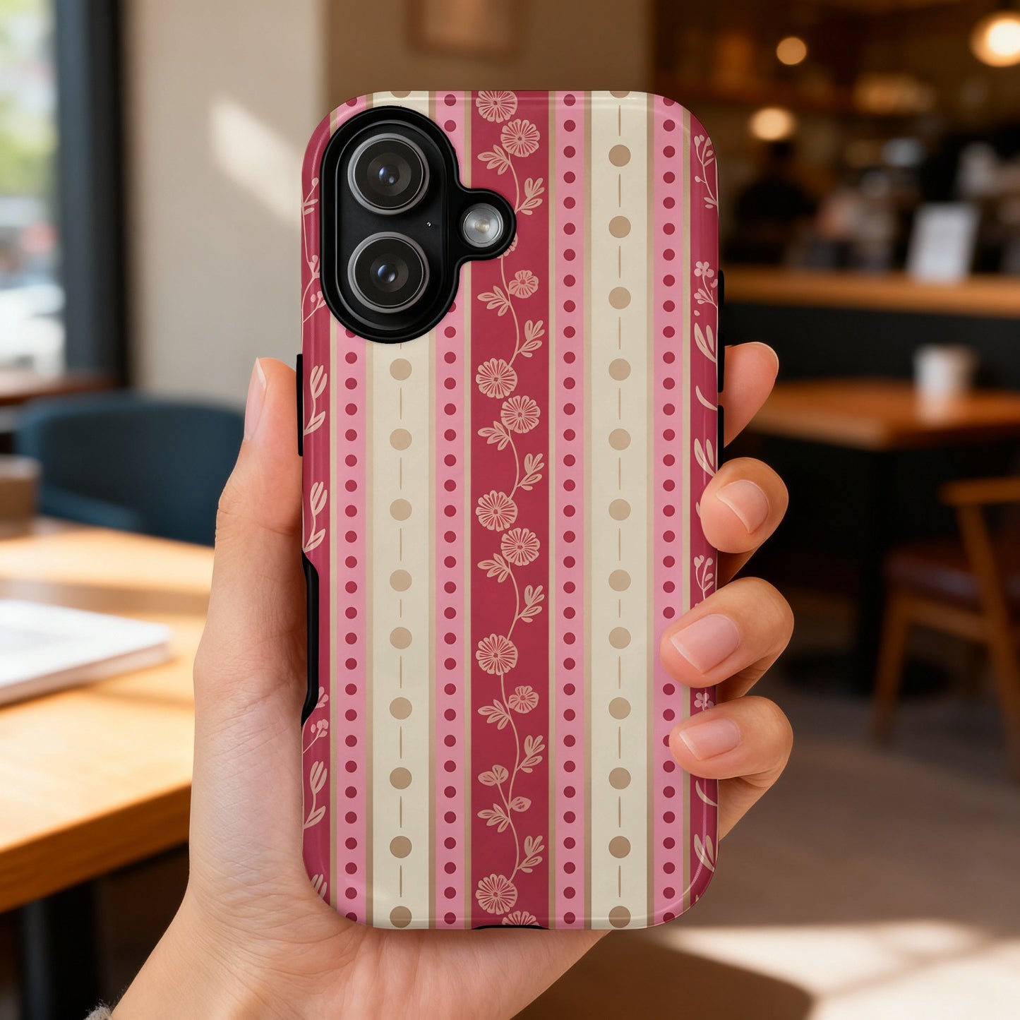 Hand holding iPhone with pink and beige floral striped pattern.
