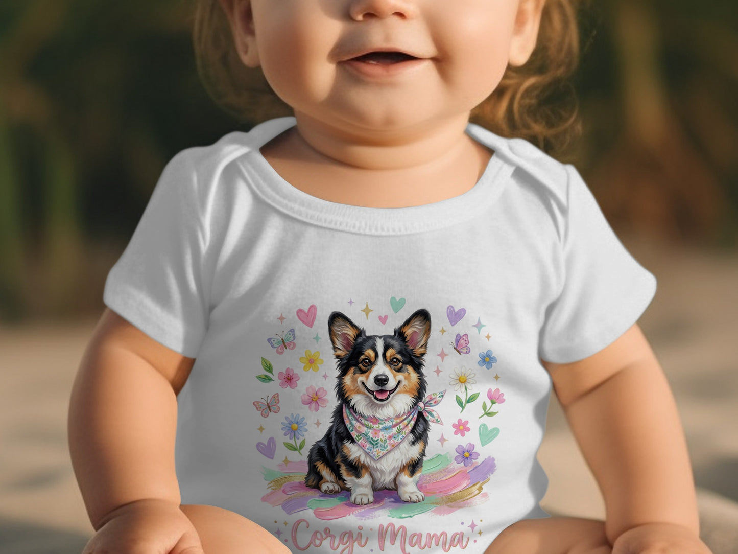 Baby in white bodysuit with Corgi Mama design and butterflies.