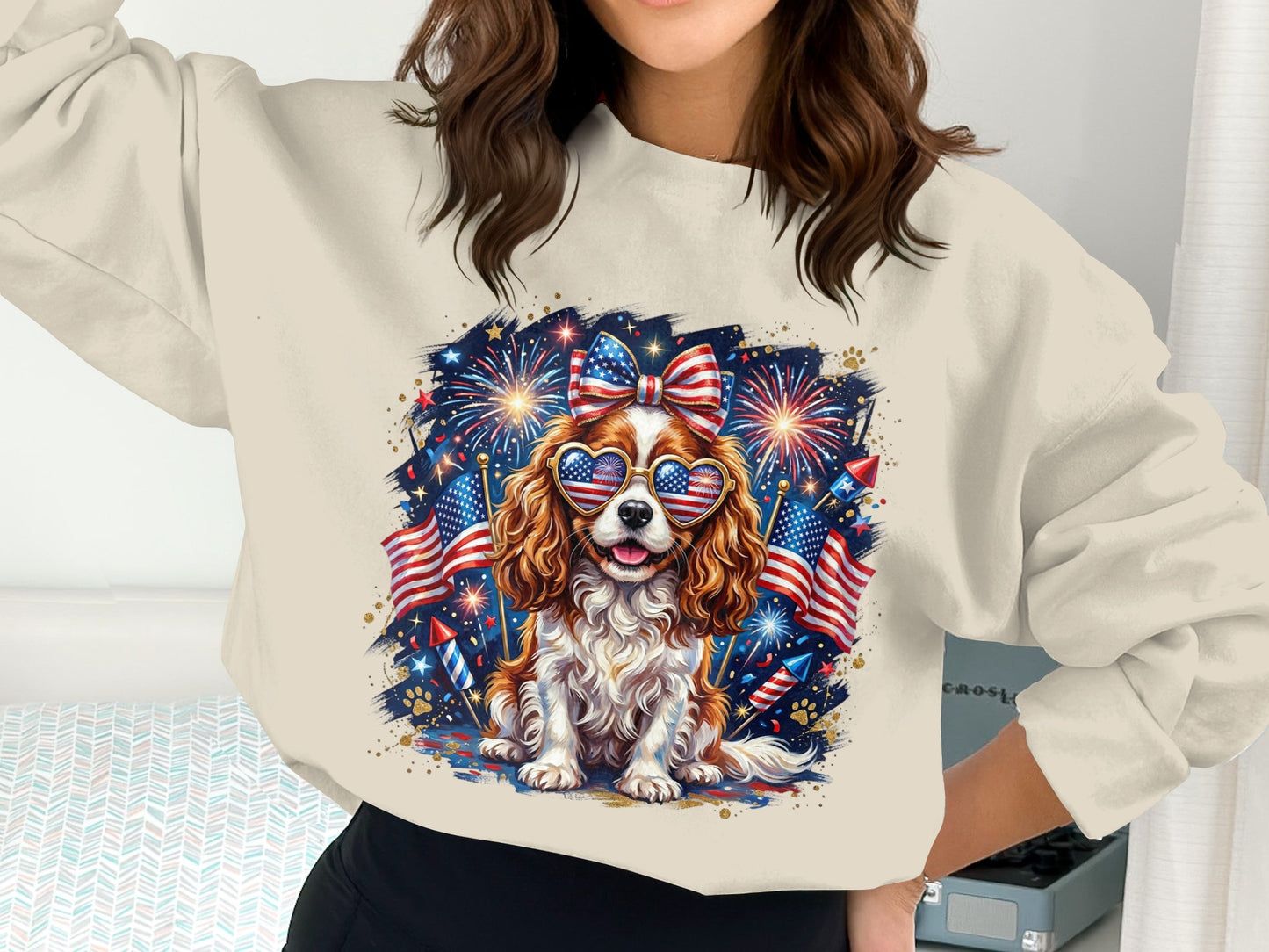 Dog wearing heart-shaped American flag sunglasses with fireworks and flags.