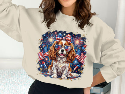 Dog wearing heart-shaped American flag sunglasses with fireworks and flags.