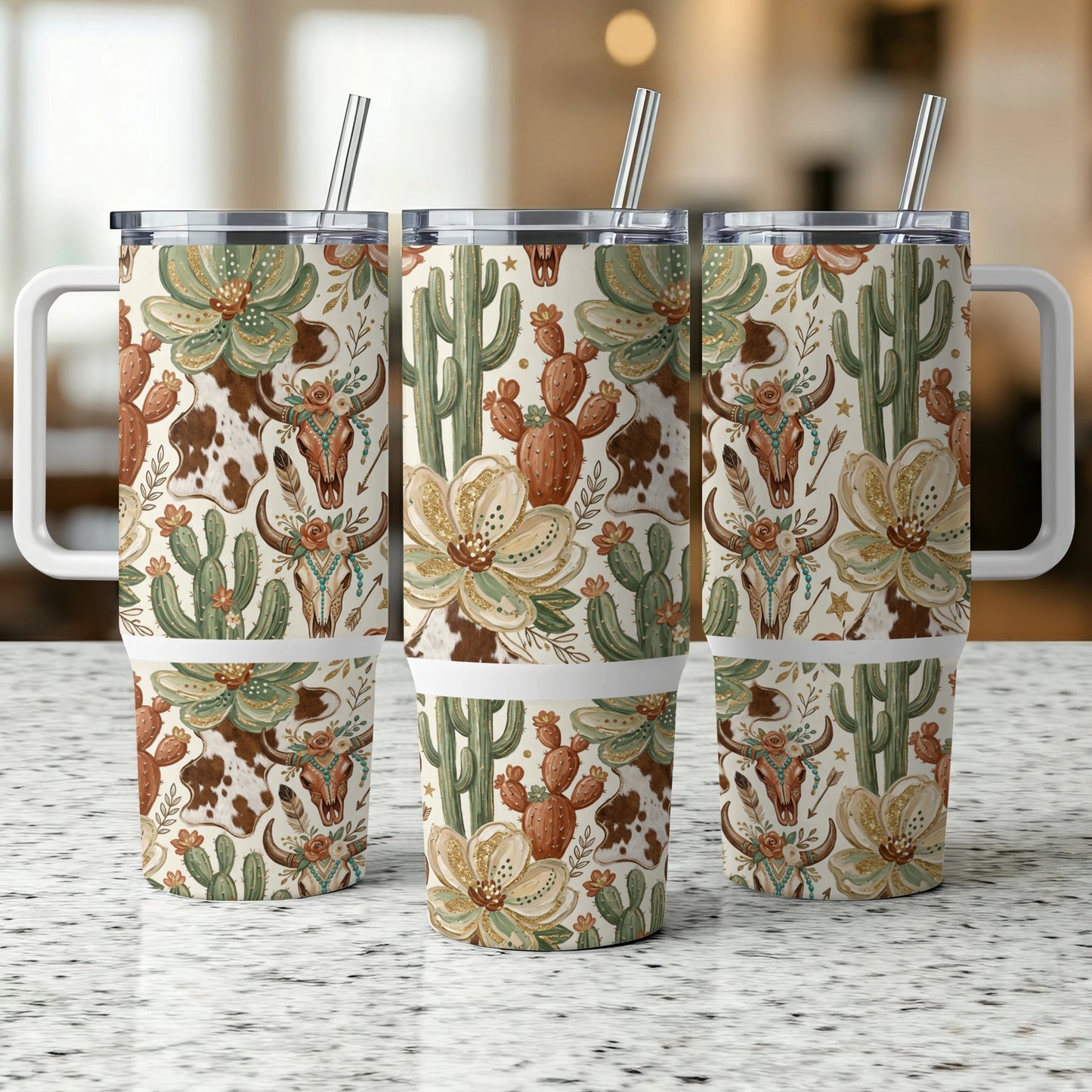 Three tumblers with a desert cactus and cow skull pattern.