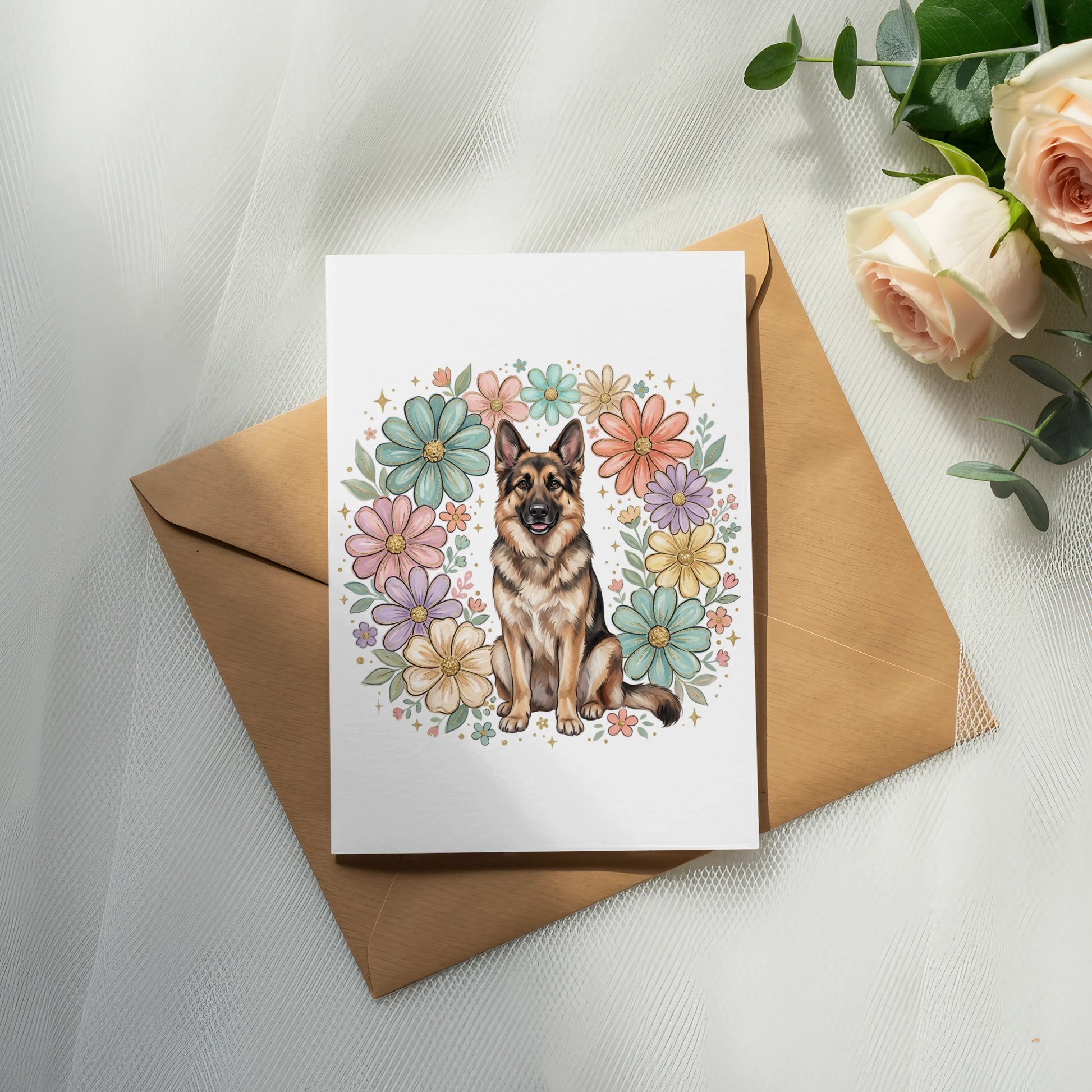 German Shepherd dog sitting inside a pastel floral wreath on a card.