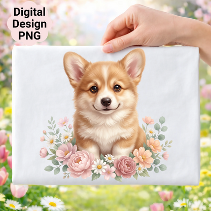 Corgi puppy with flowers, digital design PNG.