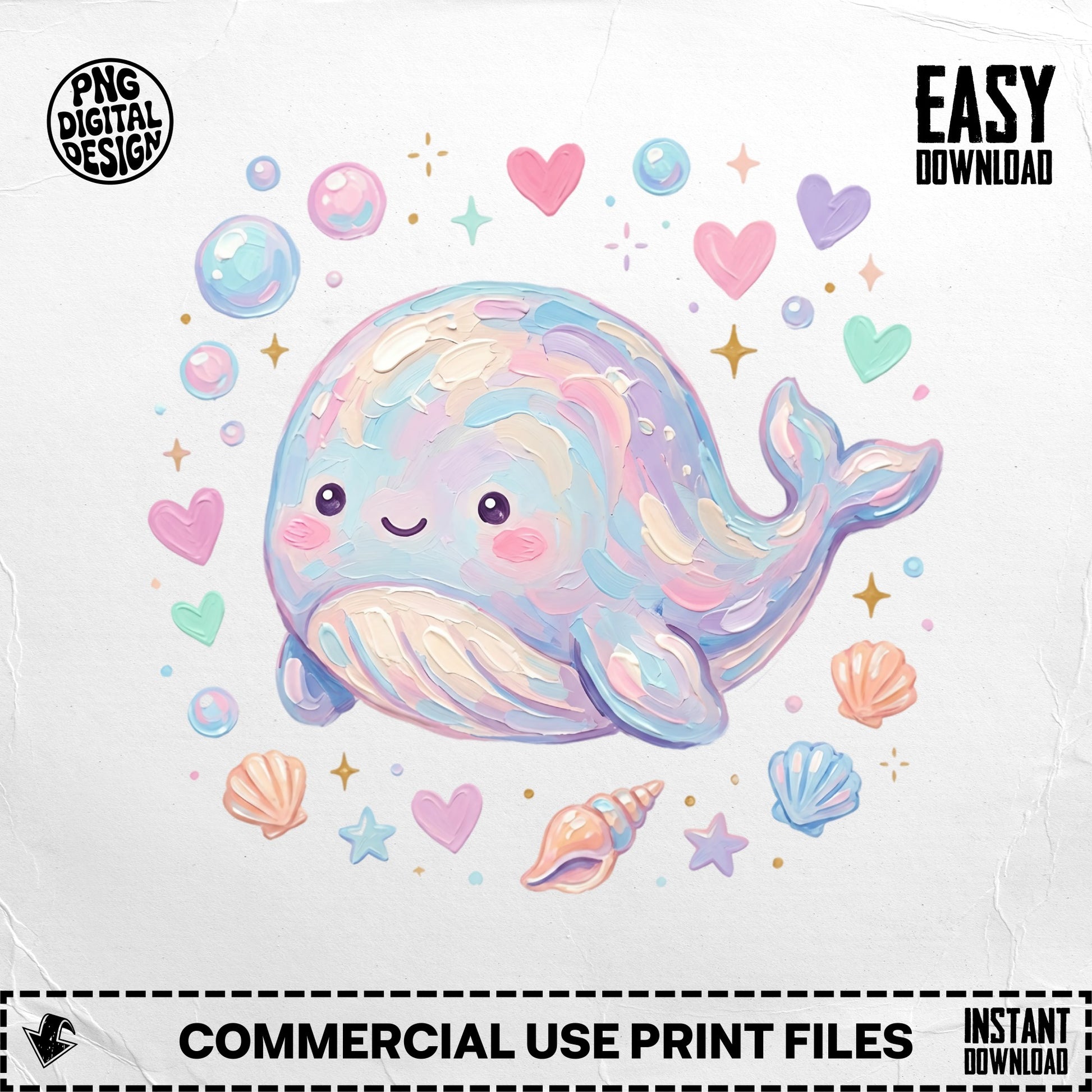 Cute pastel whale with hearts, stars, and seashells, surrounded by bubbles.