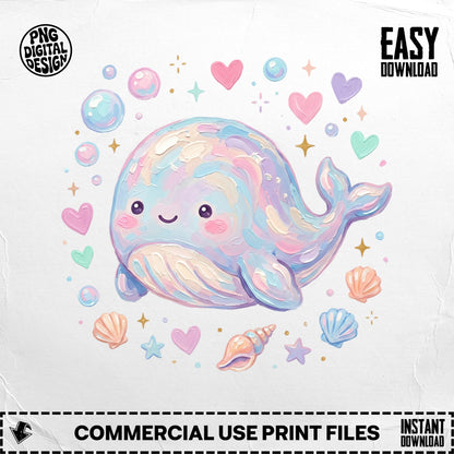 Cute pastel whale with hearts, stars, and seashells, surrounded by bubbles.