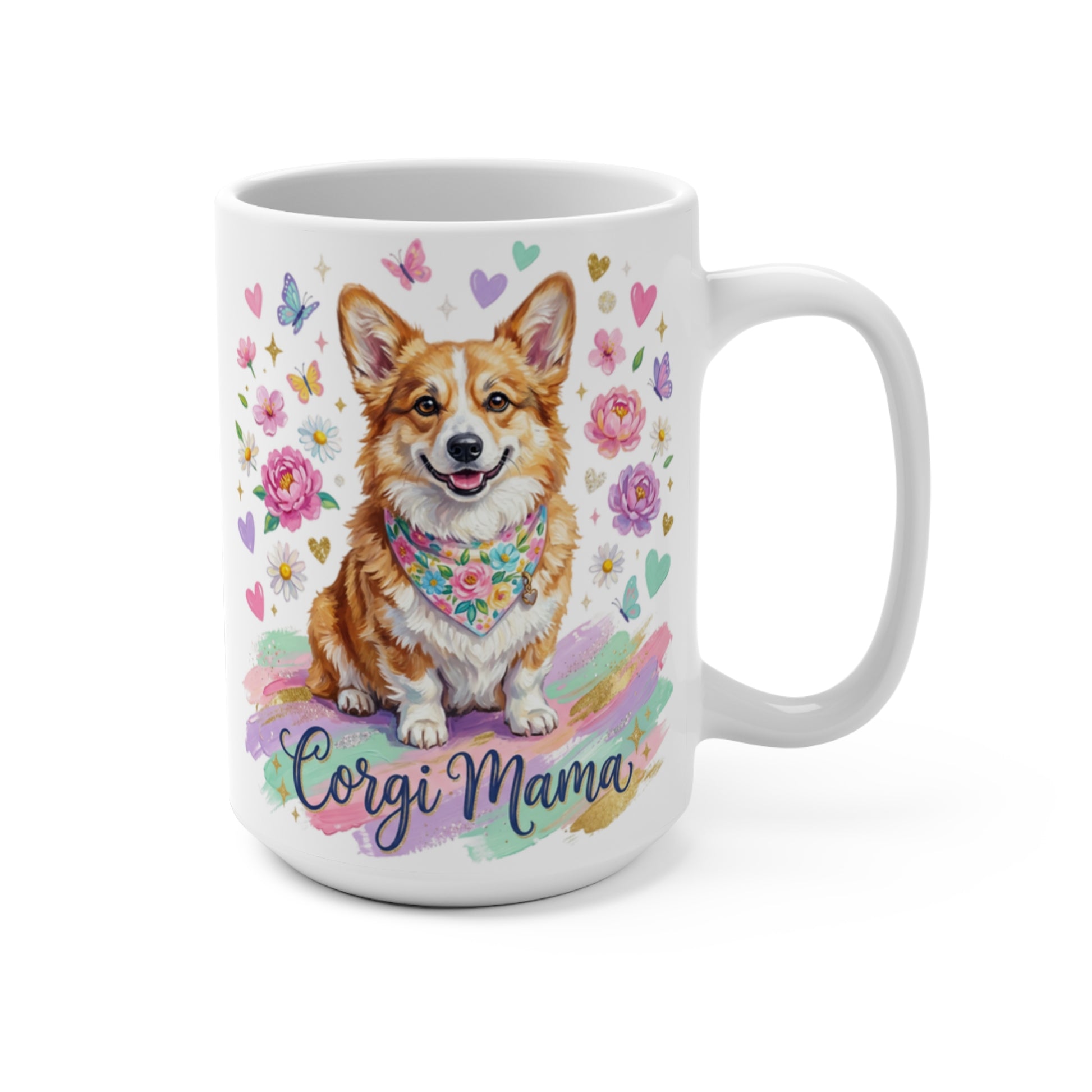 Corgi wearing bandana with floral design and text "Corgi Mama".