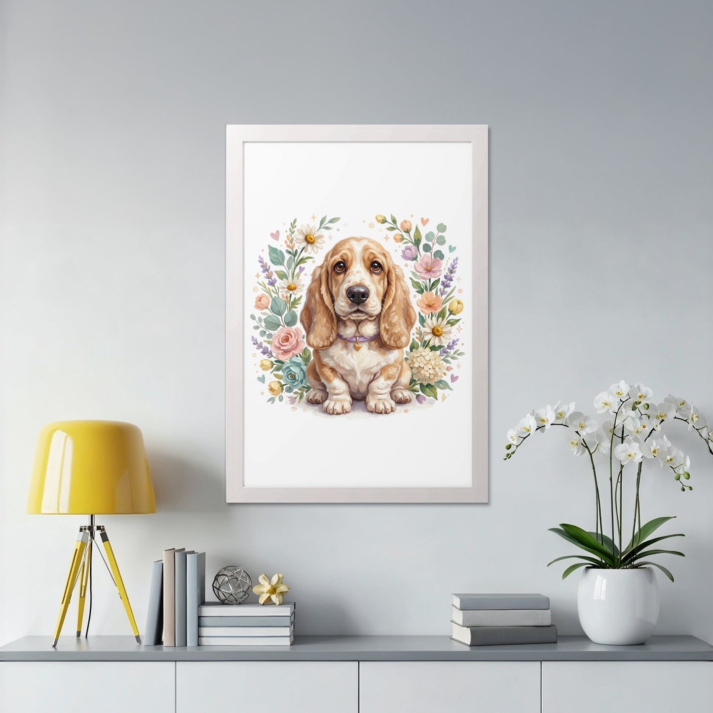 Framed watercolor painting of a Basset Hound puppy surrounded by flowers.