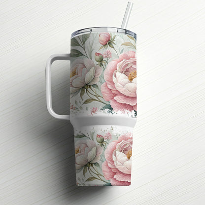 Pink peony floral pattern on a large white tumbler with handle and straw.