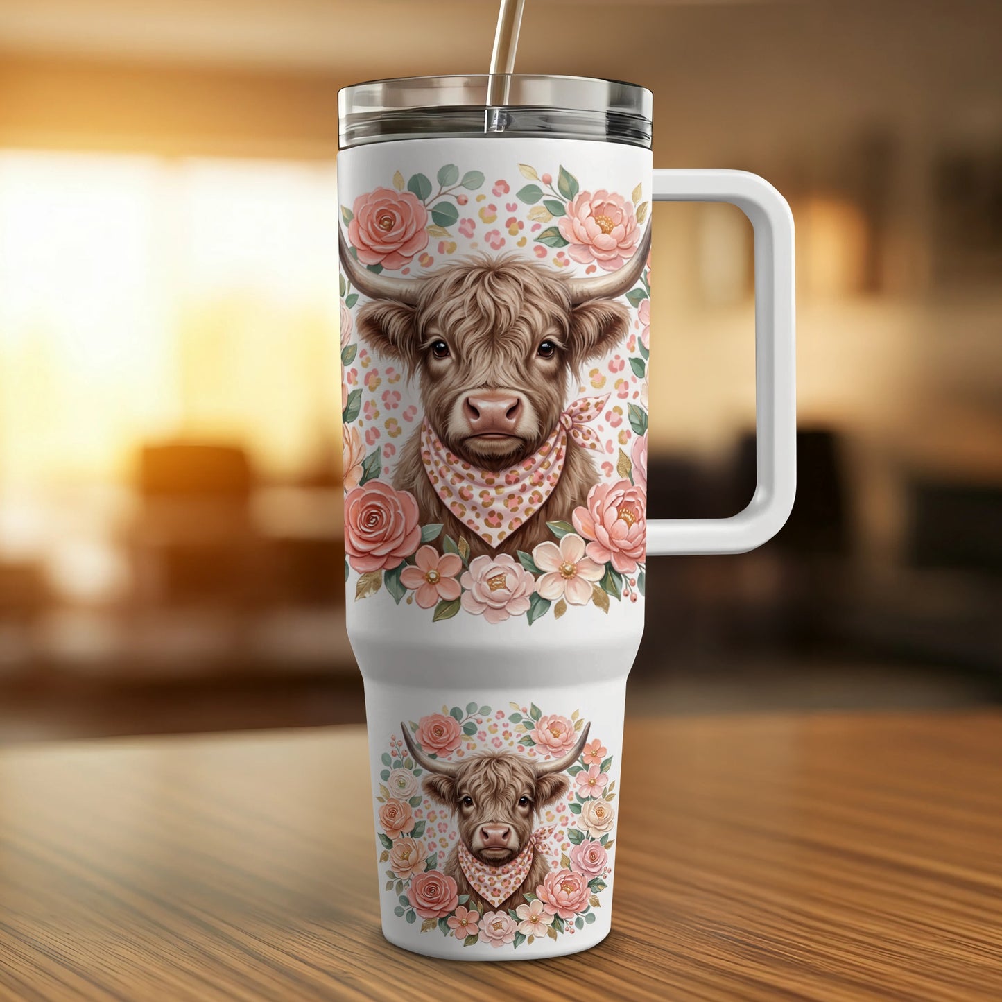Highland cow with floral bandana on white tumbler with handle.