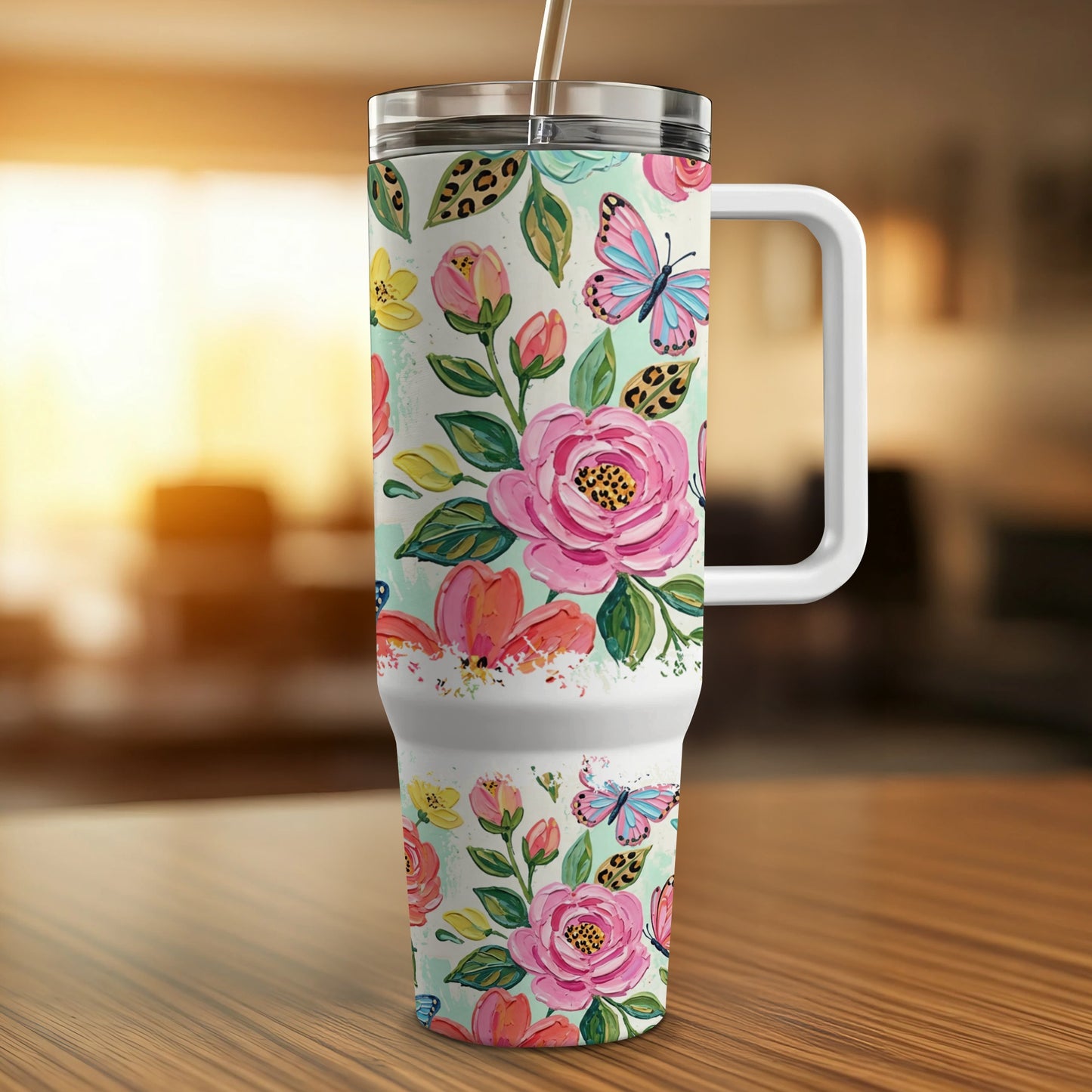 Floral and butterfly pattern insulated tumbler with handle and straw.
