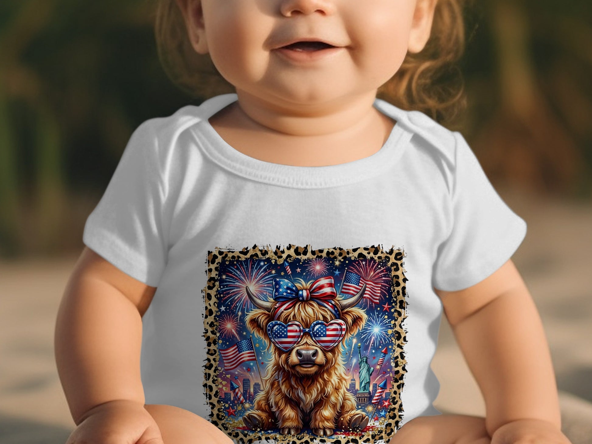 Baby in white onesie with patriotic Highland cow graphic and fireworks.