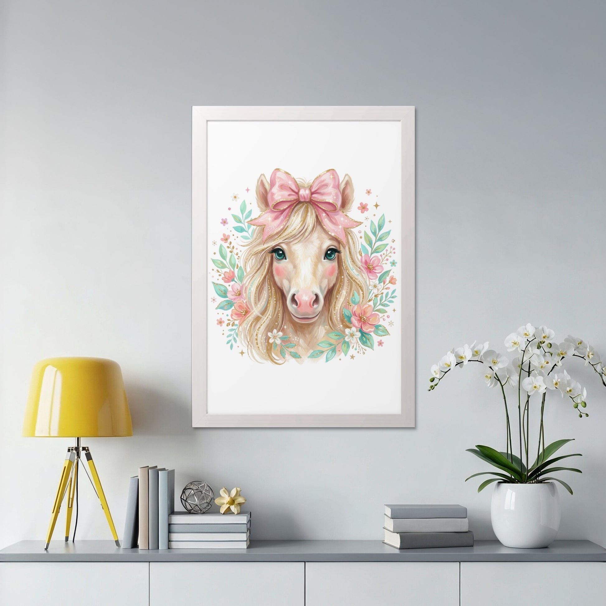Illustration of a horse's head with a pink bow and floral accents.