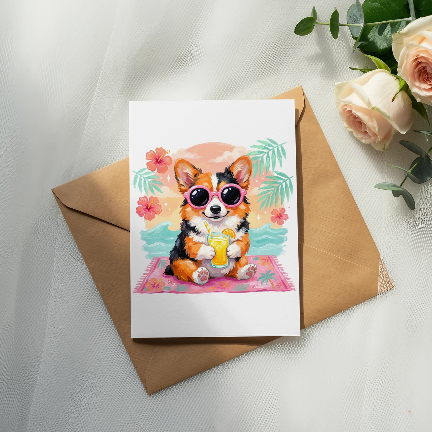 Corgi dog wearing sunglasses sits on a beach with a drink.