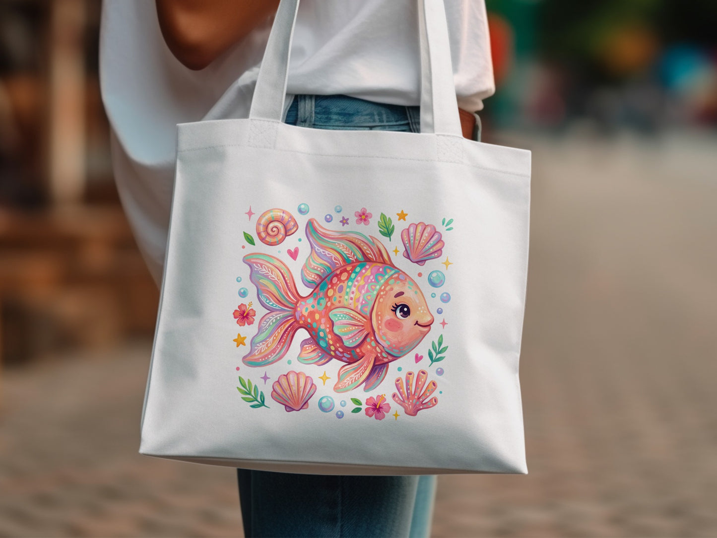 White tote bag with colorful cartoon fish and seashells illustration.