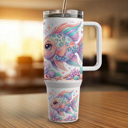 White tumbler with colorful cartoon fish, seashells, and coral designs.
