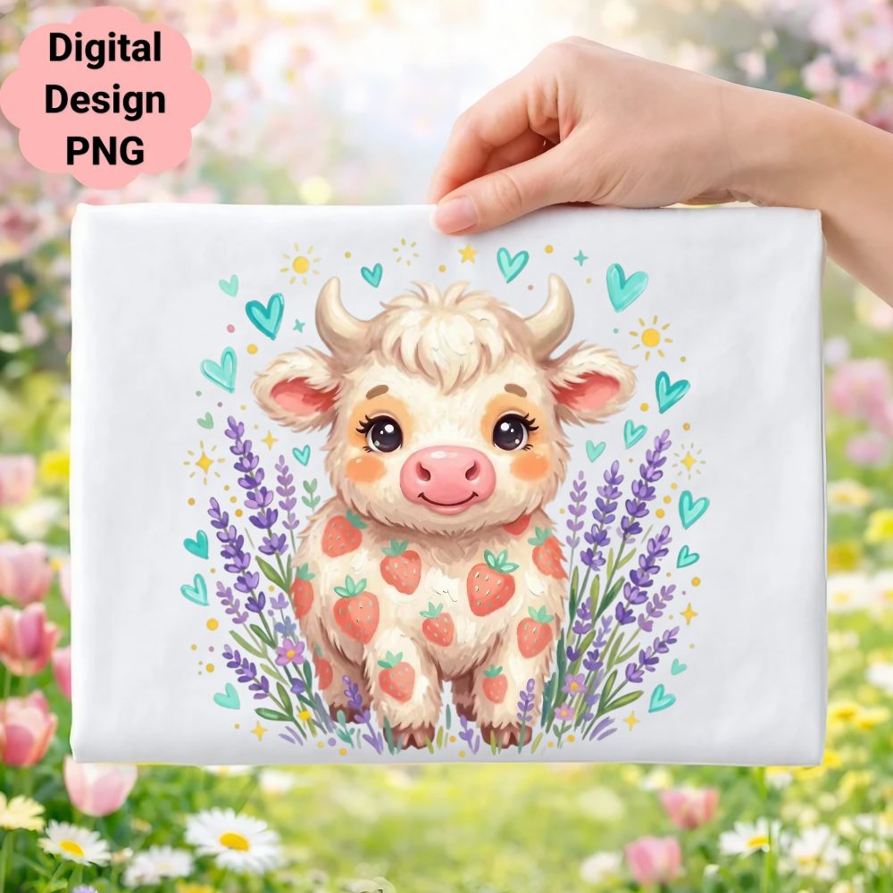 Cute strawberry cow with lavender and hearts, digital design PNG.