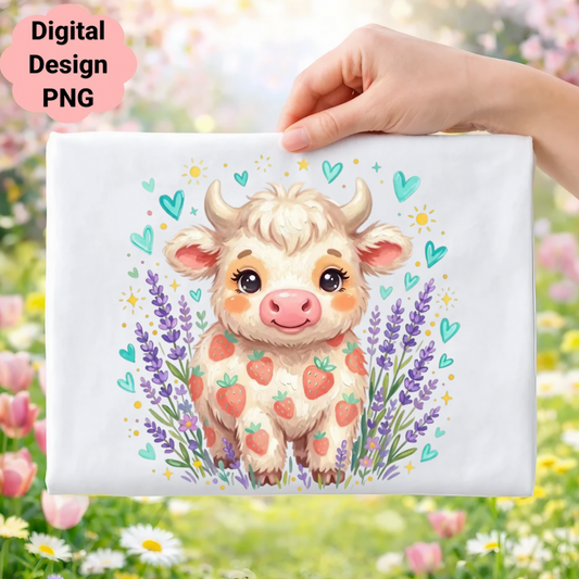 Cute strawberry cow with lavender and hearts, digital design PNG.
