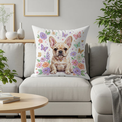French bulldog with flowers and butterflies on a pillow.