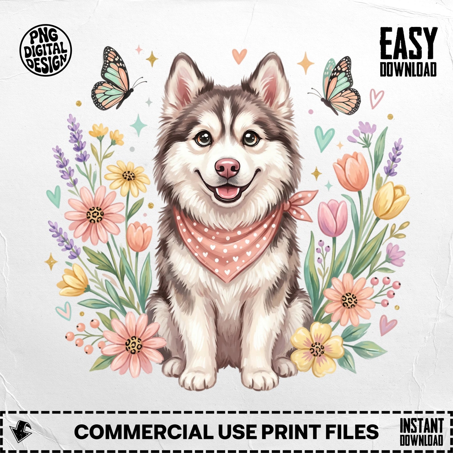 Husky dog with bandana surrounded by flowers and butterflies.