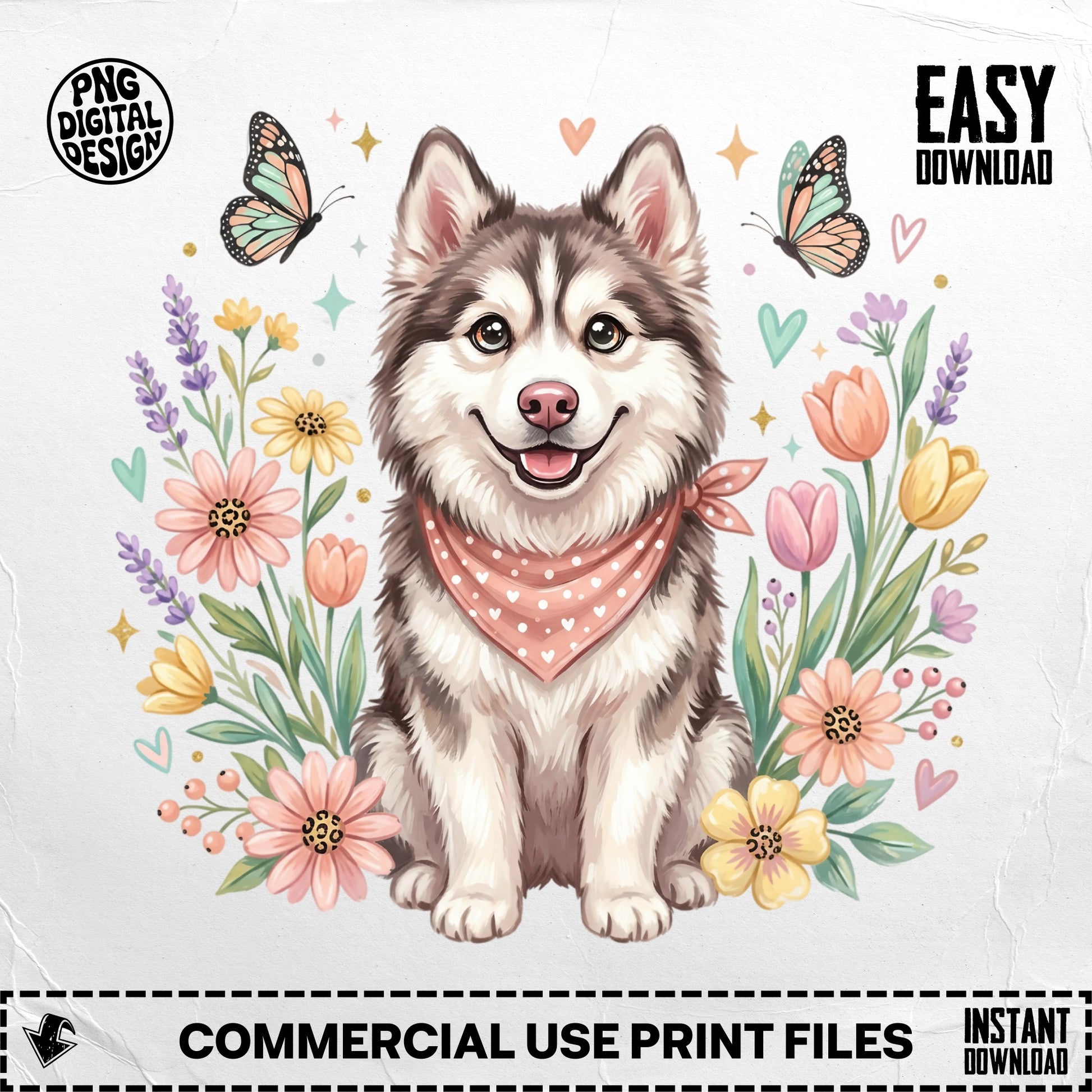 Husky dog with bandana surrounded by flowers and butterflies.