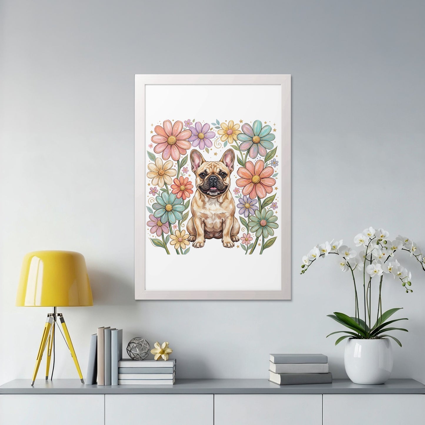 Framed art of a French bulldog surrounded by pastel flowers.