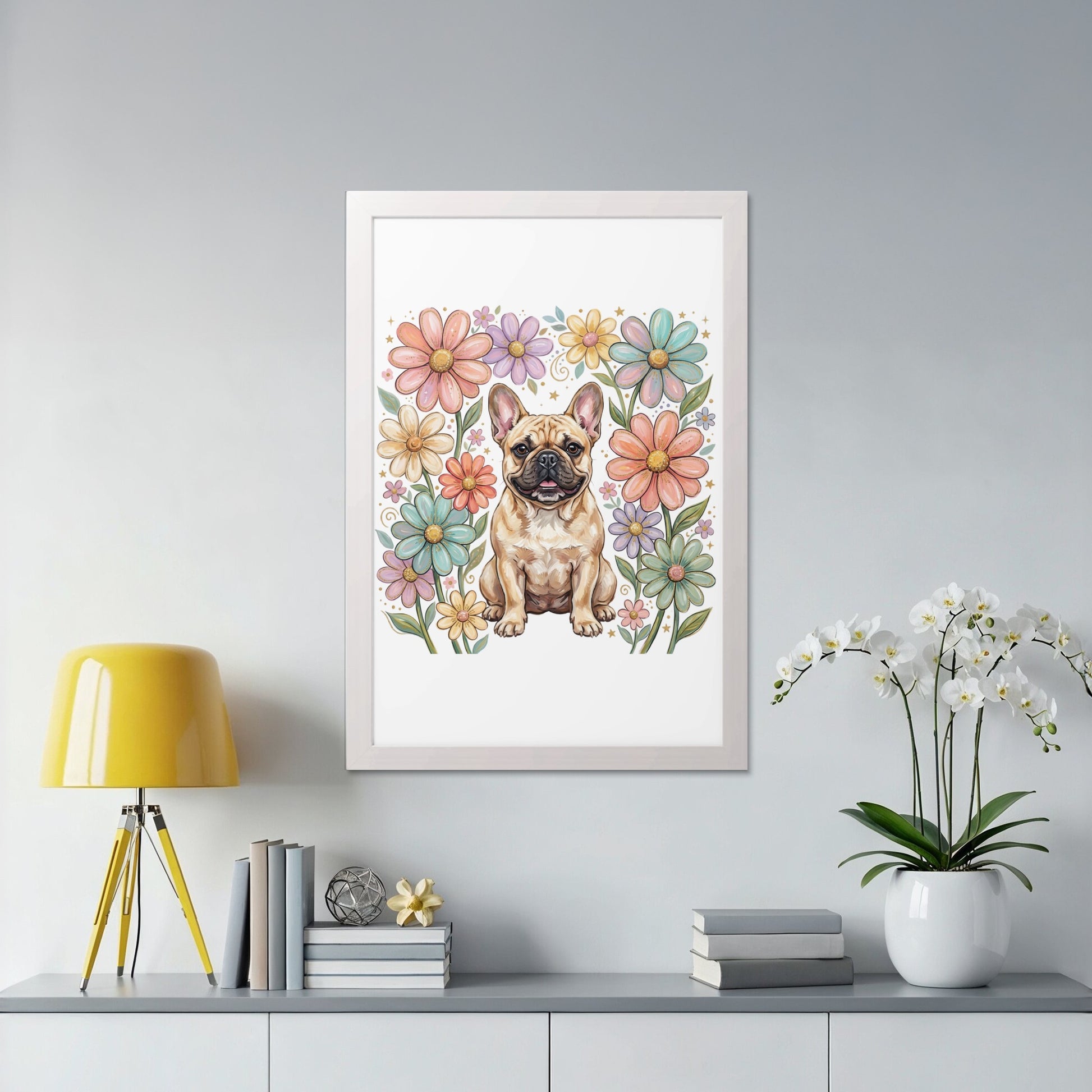 Framed art of a French bulldog surrounded by pastel flowers.