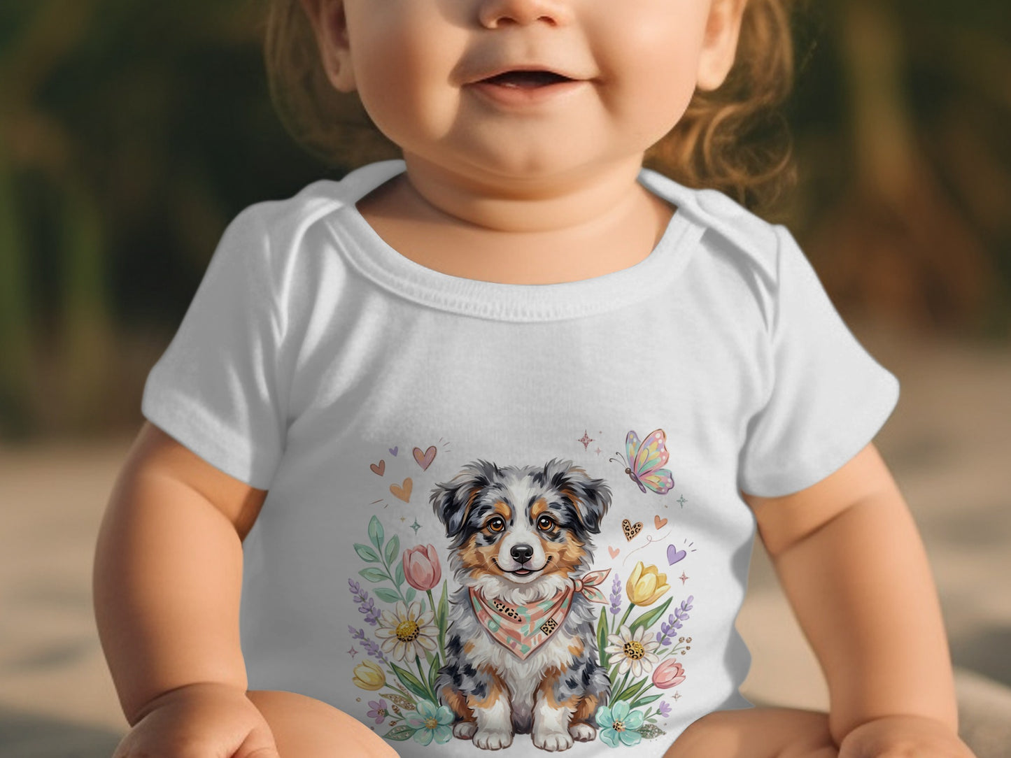 Baby in white onesie with watercolor Australian Shepherd puppy and floral design.