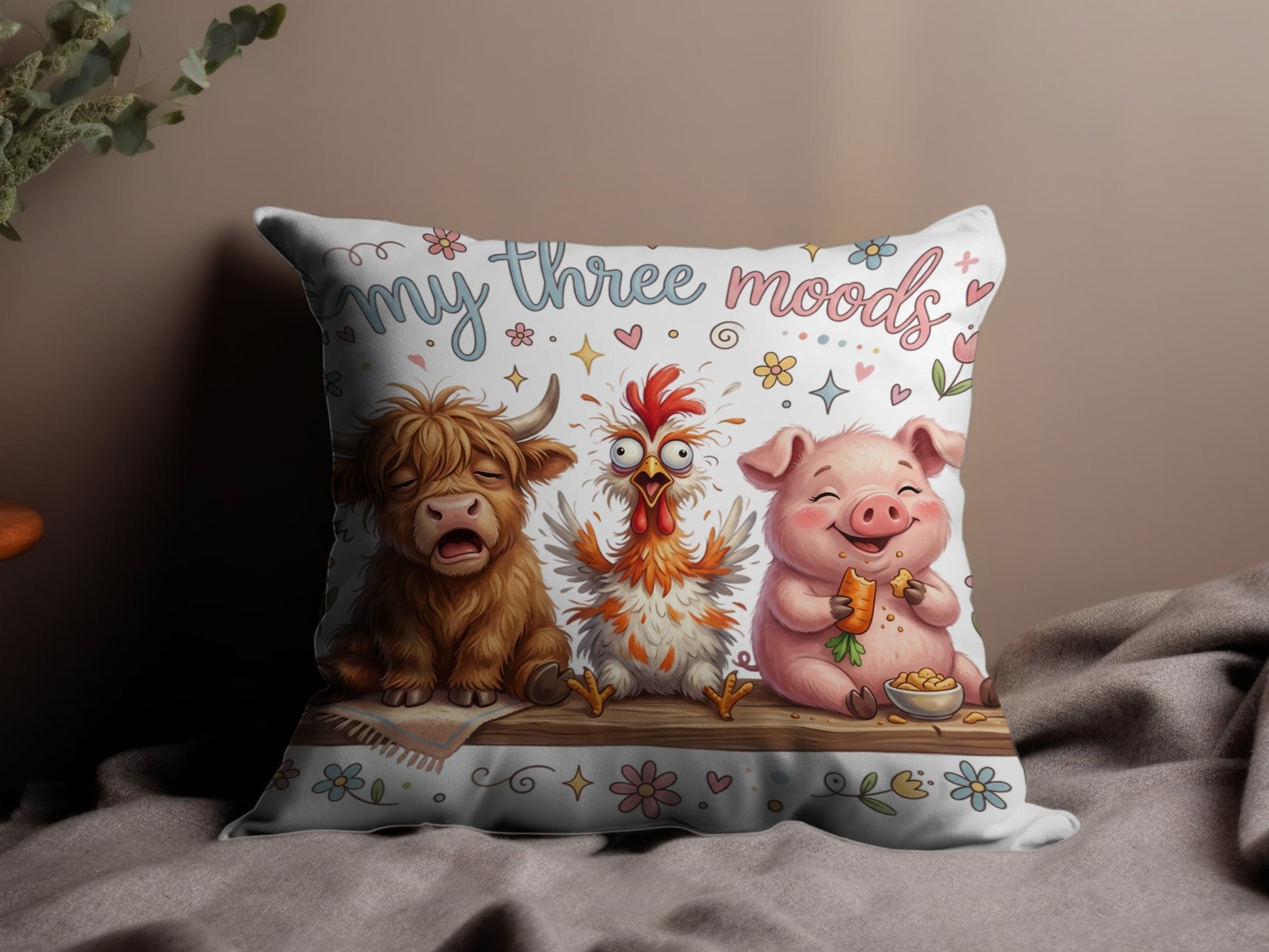 Three cartoon farm animals, a cow, chicken, and pig, sit on a shelf.