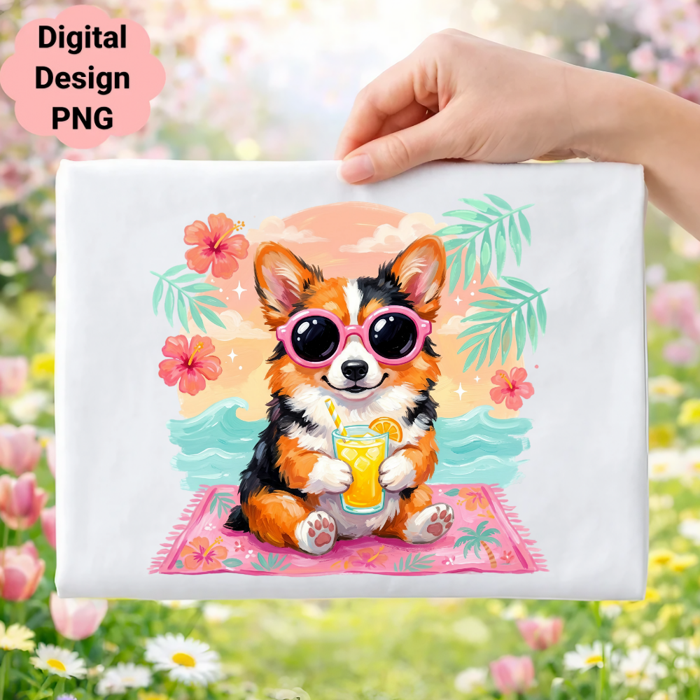 Corgi wearing sunglasses drinks orange juice on a beach towel.