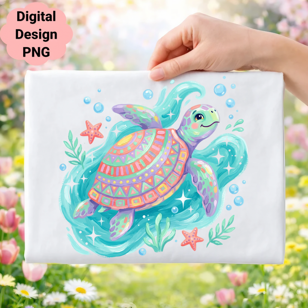 Colorful sea turtle illustration with starfish and bubbles on white background.