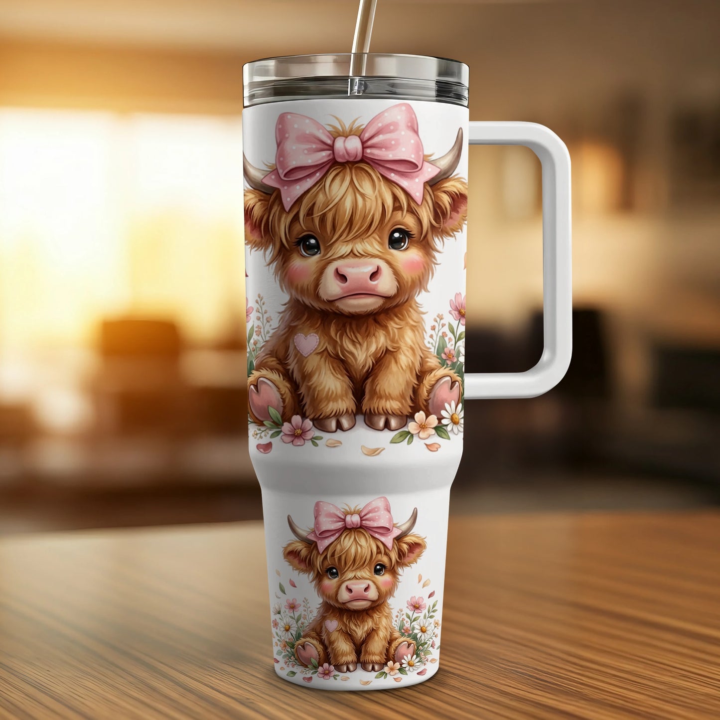 Cute Highland cow with pink bow on tumbler.