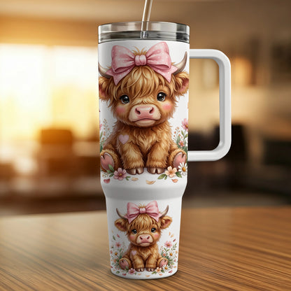 Cute Highland cow with pink bow on tumbler.