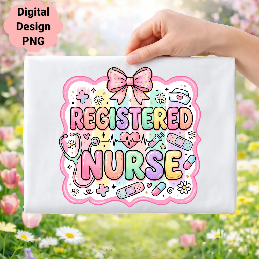 Registered Nurse design with stethoscope, heart, and pastel colors.