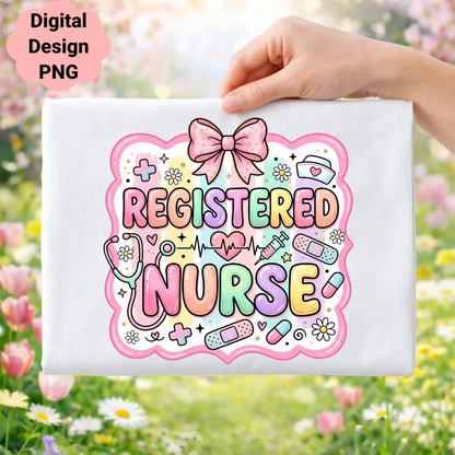 Registered Nurse design with stethoscope, heart, and pastel colors.
