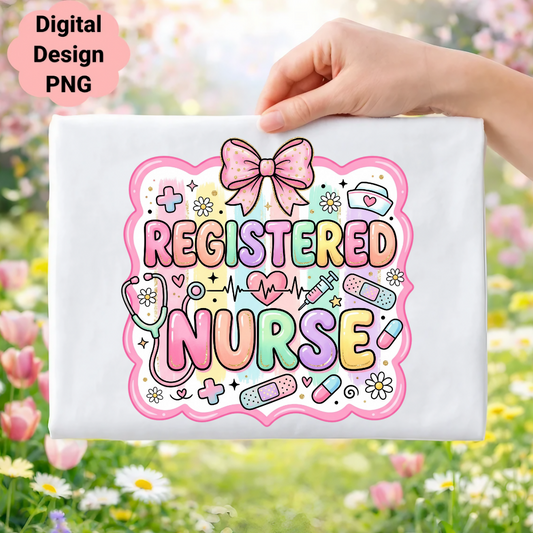 Registered Nurse design with stethoscope, heart, and pastel colors.