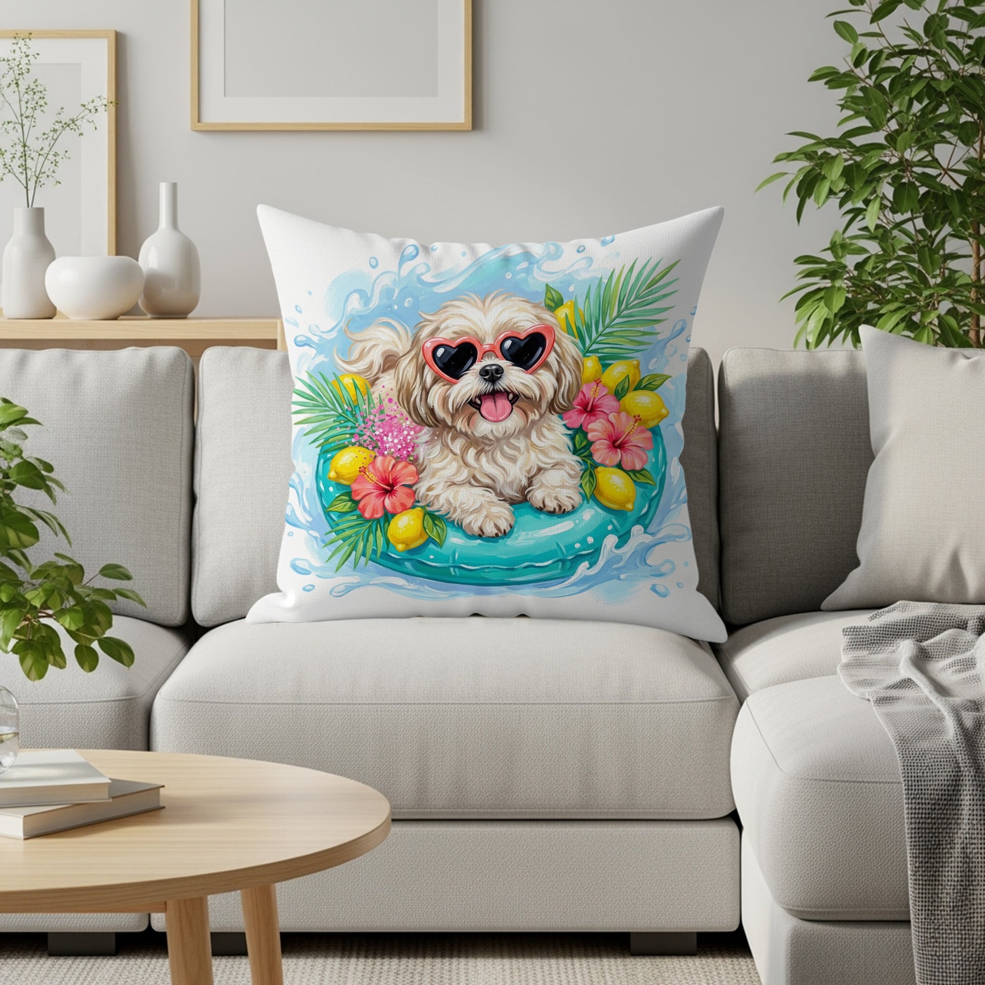 Dog wearing heart sunglasses on a float surrounded by water and fruit.
