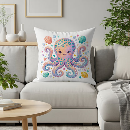 Colorful cartoon octopus with hearts and seashells on a white pillow.