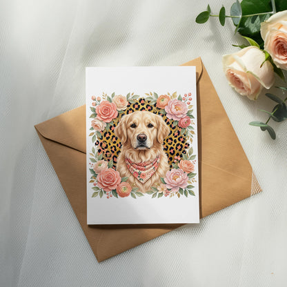 Golden Retriever wearing bandana surrounded by flowers and leopard print.