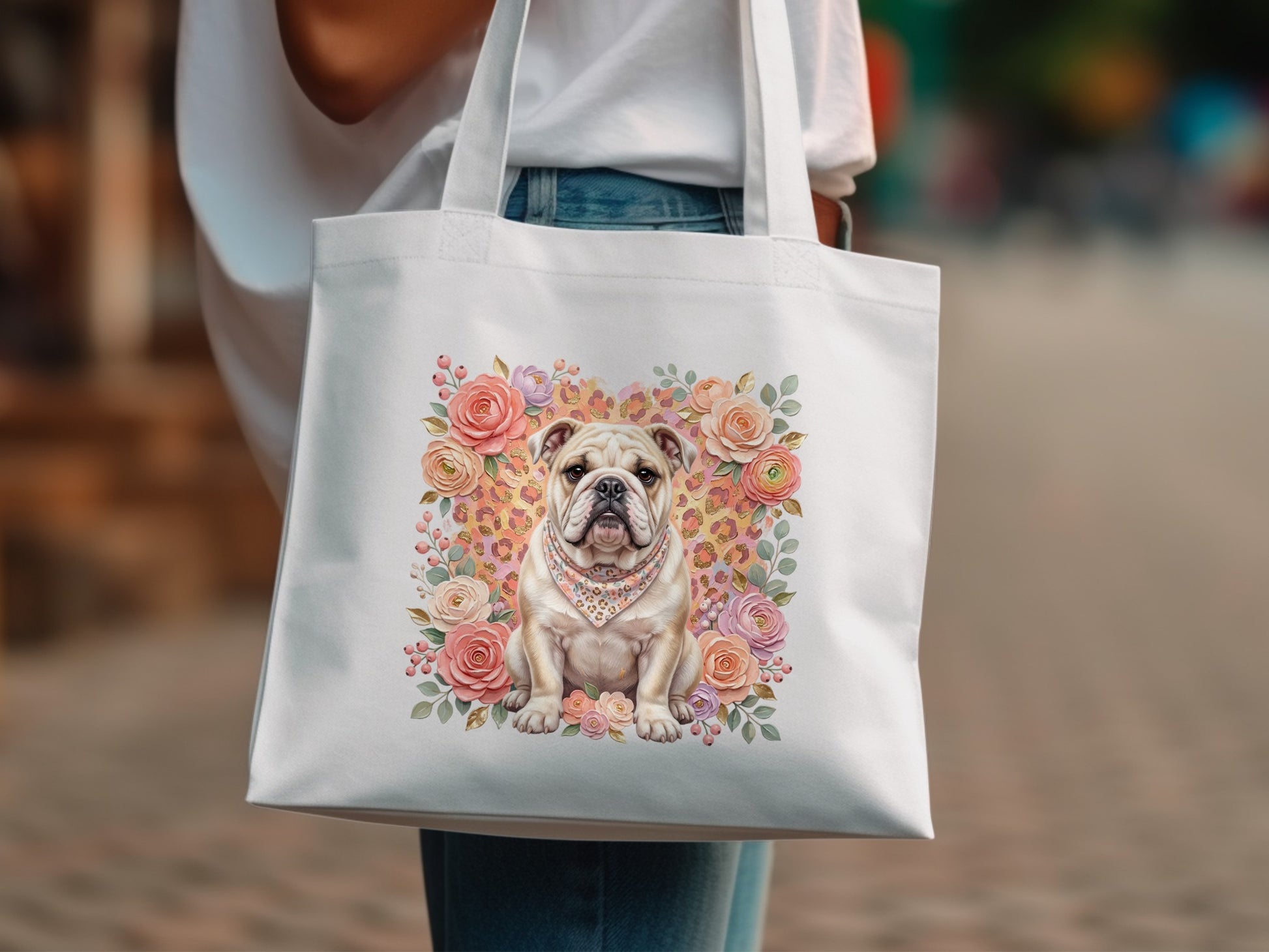 White tote bag with a bulldog wearing a bandana surrounded by flowers.