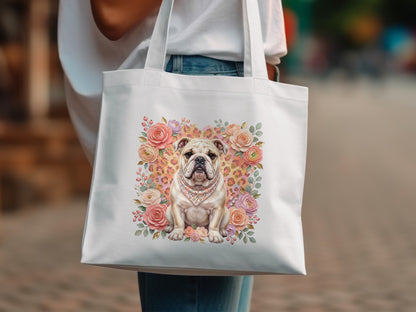 White tote bag with a bulldog wearing a bandana surrounded by flowers.